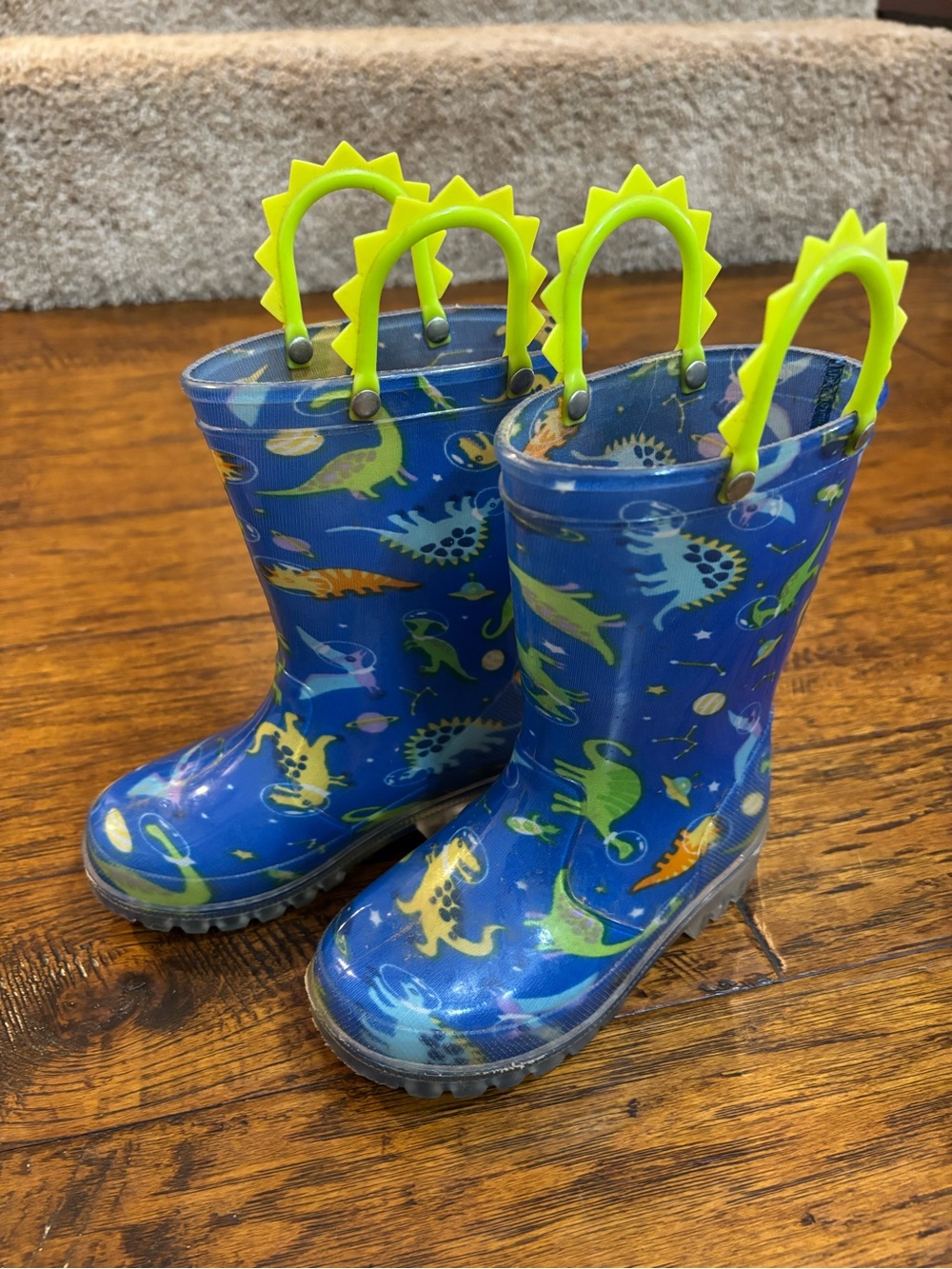 Kids Blue Dinosaur Light Up Rain Boots with Green Handles